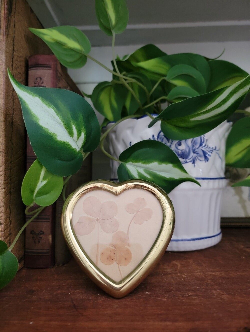 Vintage Brass Small Heart Shaped Frame Clovers 80s Home Decor